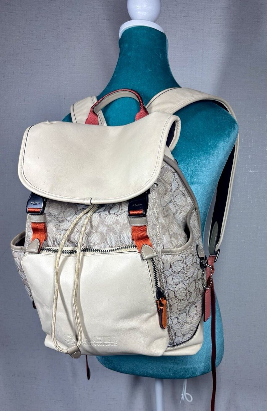 Coach League Flap Backpack Signature Jacquard Stone Ivory Leather Academia Rare